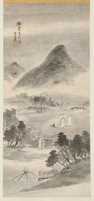 CHINESE INK PAINTING OF RIVER WITH BOATS AND DISTANT MOUNTAINS