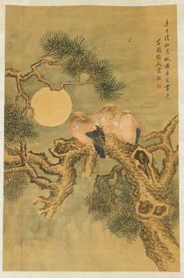 CHINESE INK PAINTING OF THREE BIRDS SLEEPING ON A PINE BRANCH