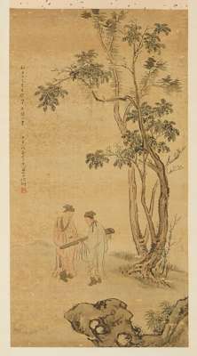 HE CHONG, CHINESE INK PAINTING OF TWO FIGURES WITH A TRANSVERSE HARP