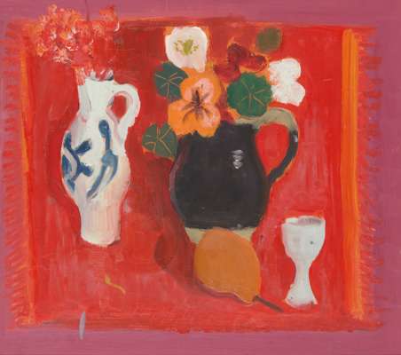RED STILL LIFE WITH PEAR AND EGG CUP