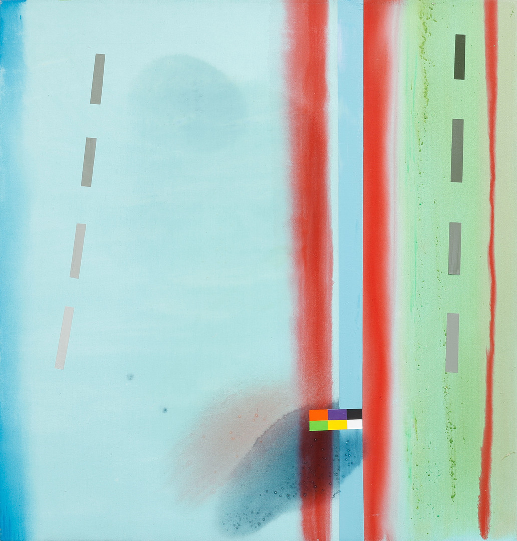 Stephen Mueller, "Lilting", akryl på duk med collage, signerad och daterad a tergo 1989.