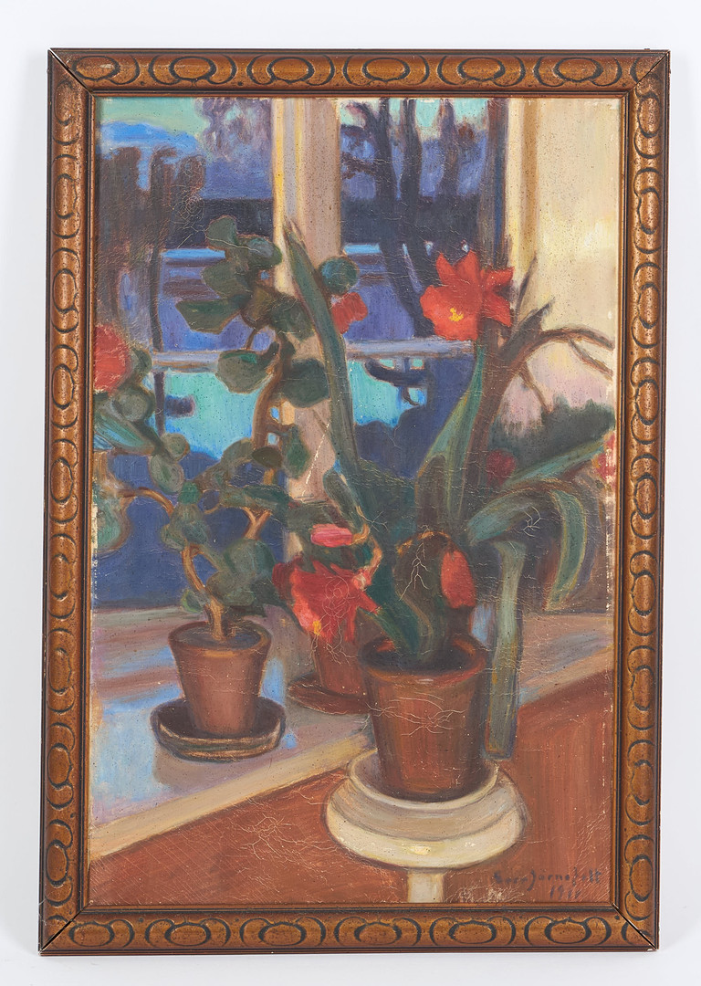Blommor på fönsterbrädet i kvällsskymning, signerad samt daterad 1911, olja på duk.