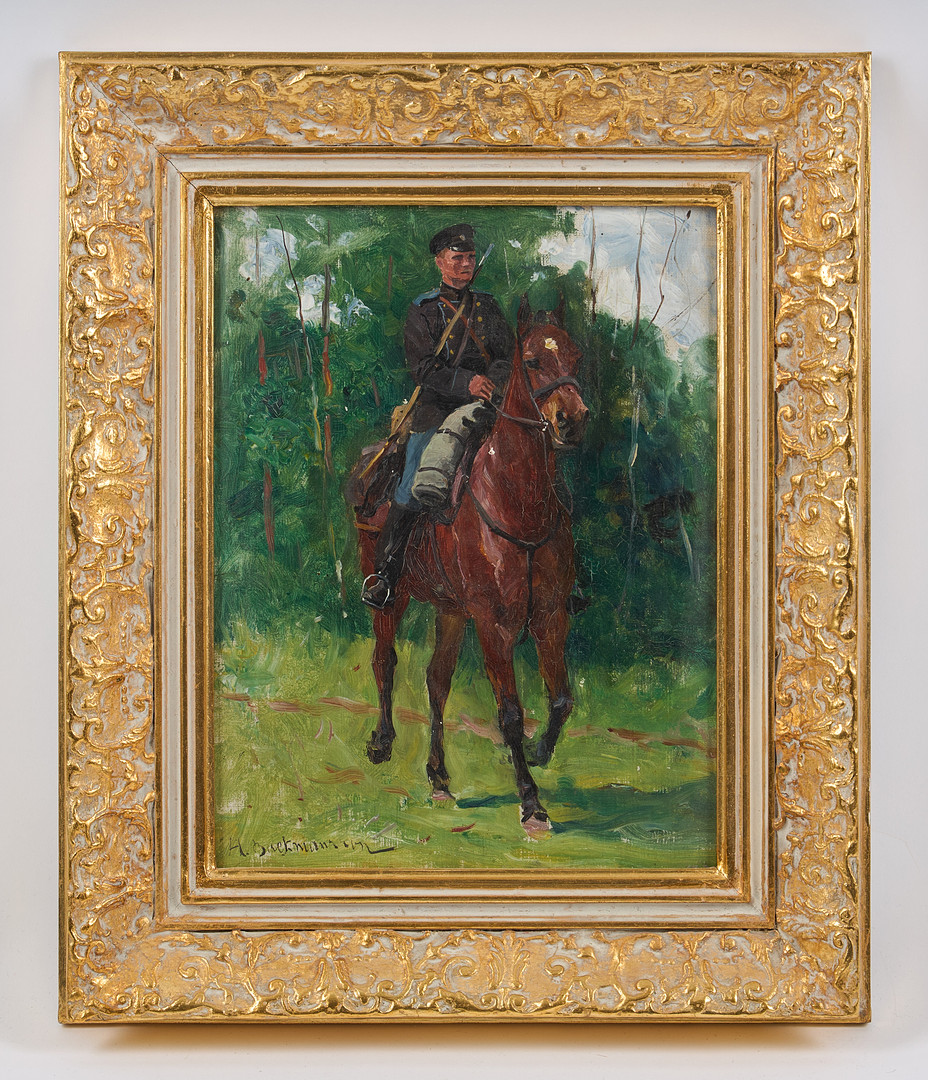 Hugo Backmansson, Soldat till häst, signerad, olja på pannå.