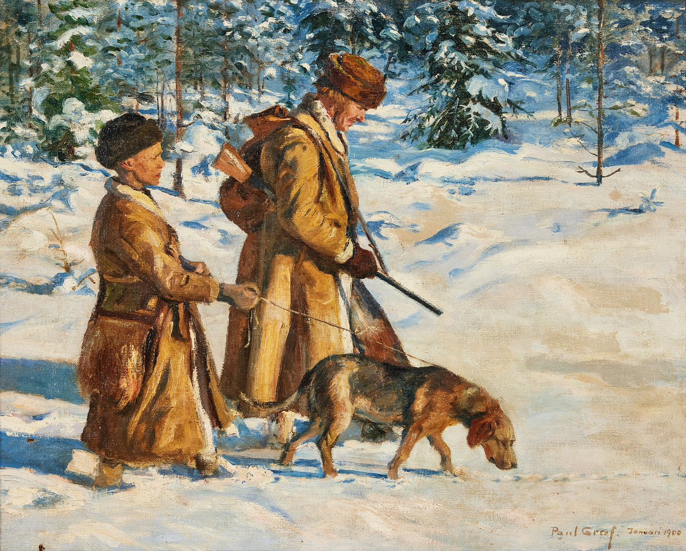 Jägare med pojke och spårhund.