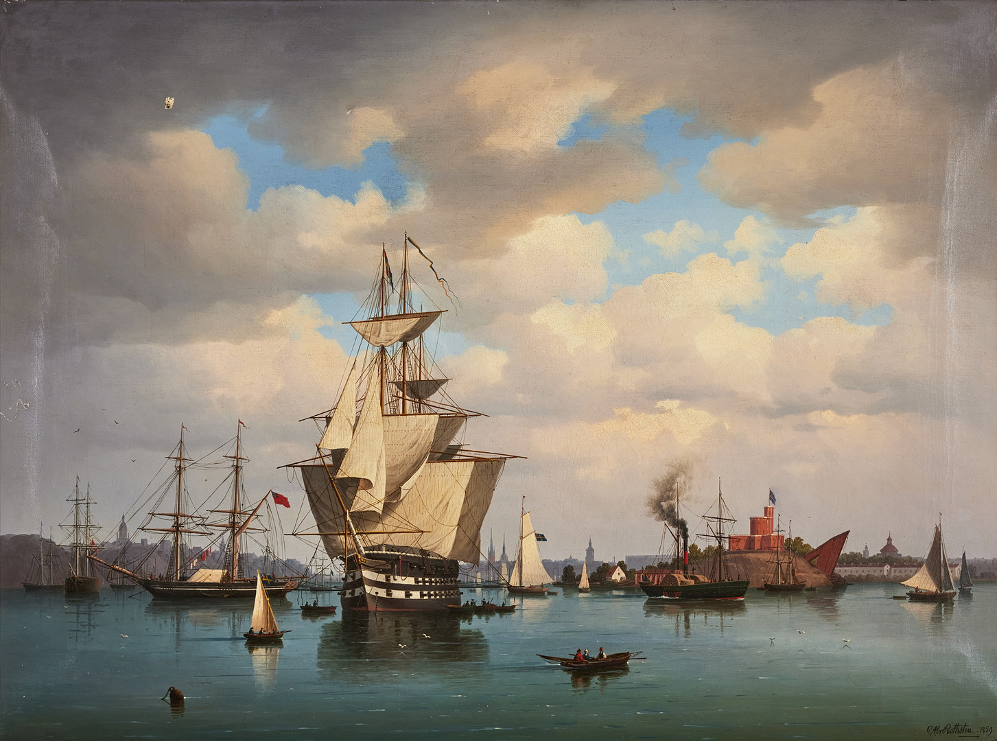 Stockholms inlopp 1859 med Kastellholmen, Gamla stan och Söders höjder i fonden.