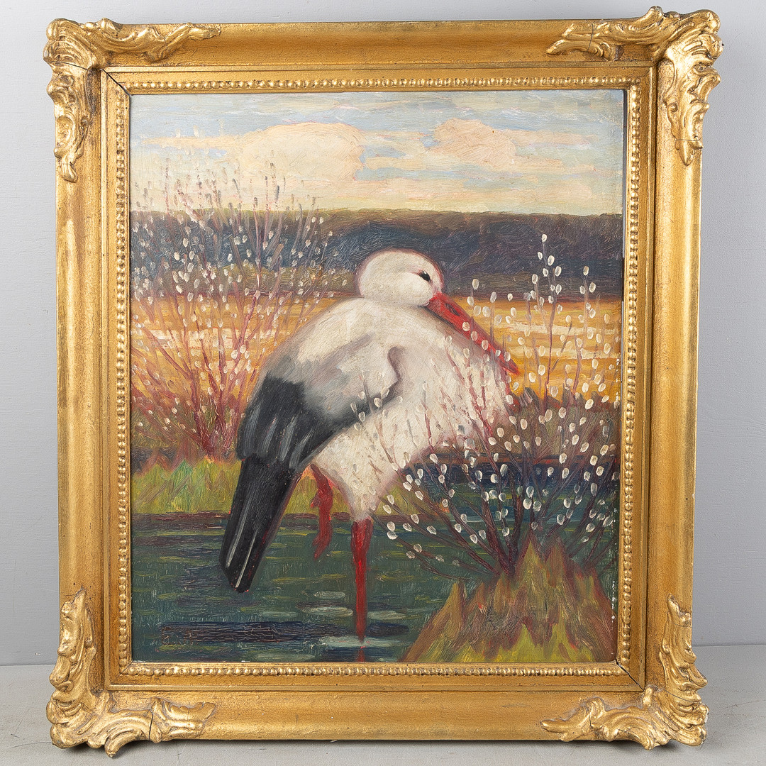 Stork i våtmark, olja på pannå.