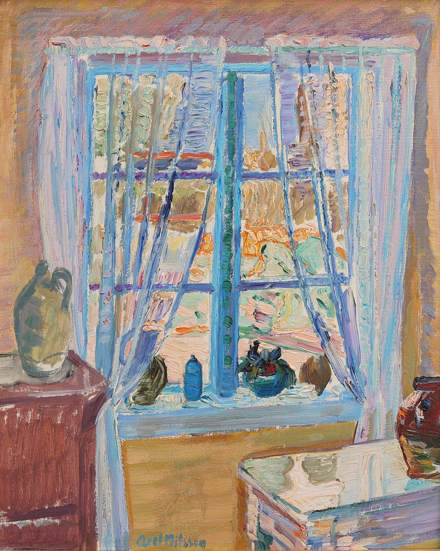 Axel Nilsson, OLJA PÅ PANNÅ, "DET BLÅA FÖNSTRET", SIGNERAD OCH DATERAD 1956.