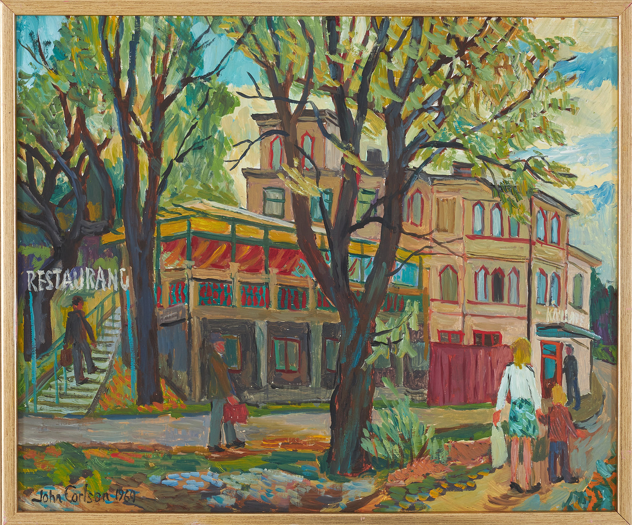 Restaurang, olja på pannå, signerad 1969.