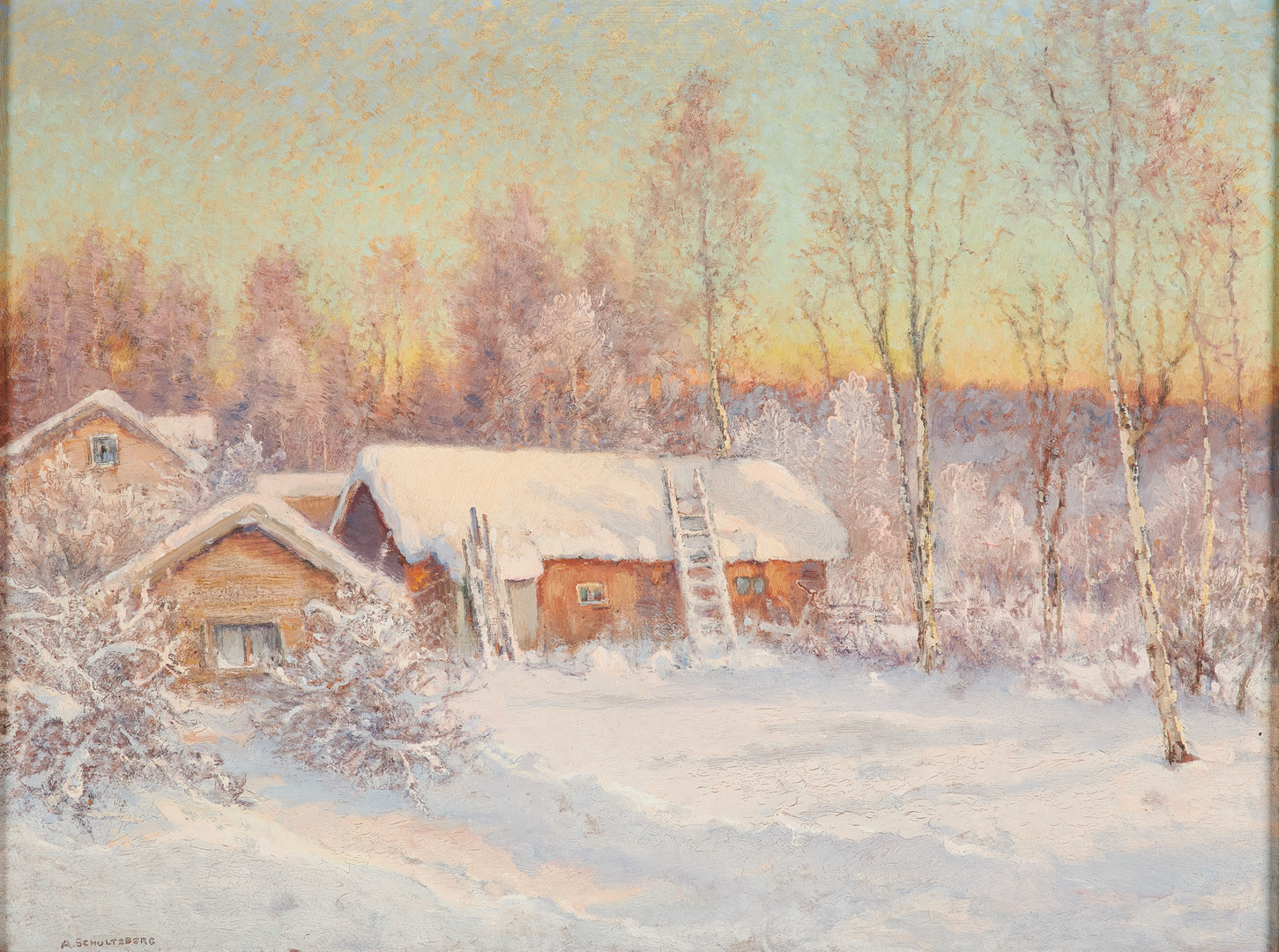 Vinterlandskap med gård.