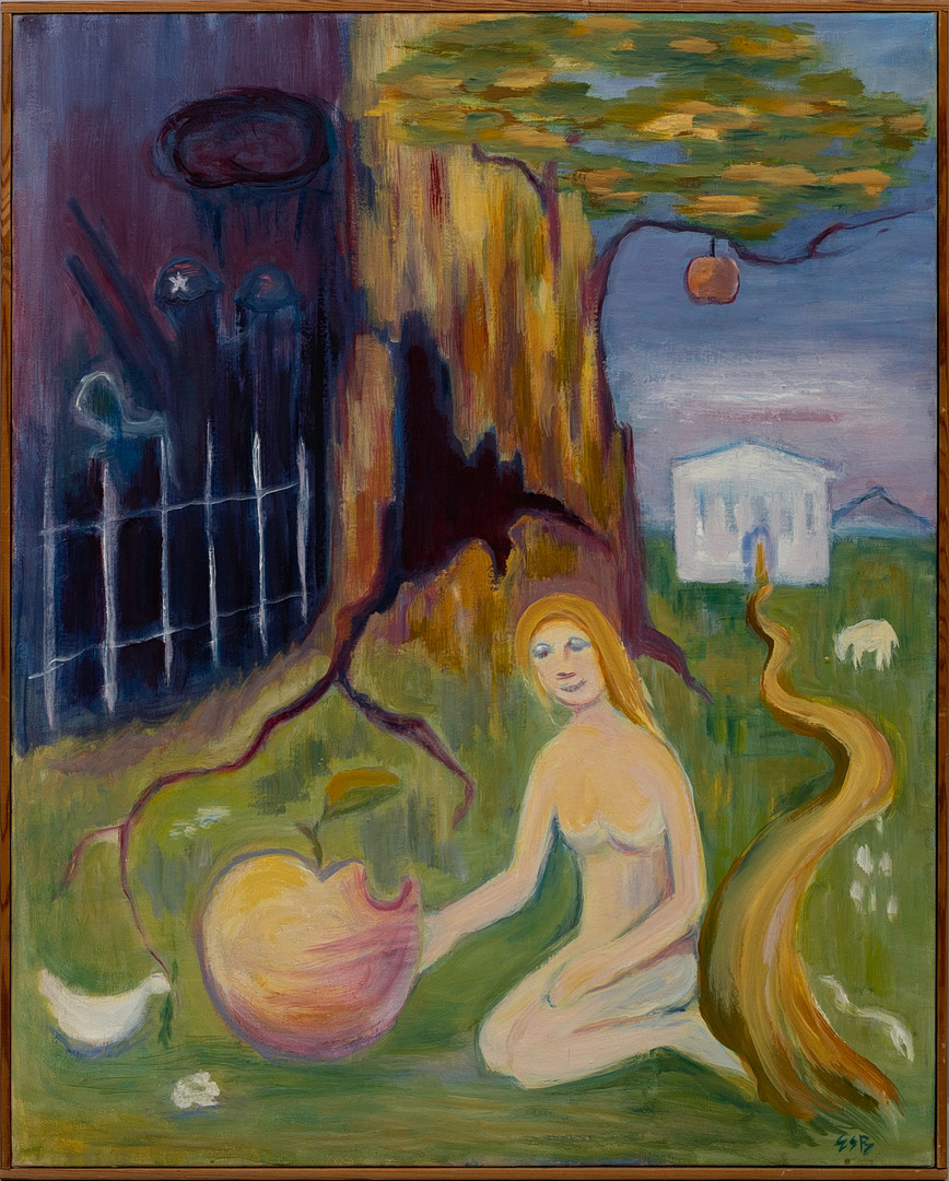 "Störning i Paradiset", olja på duk, signerad ESB.
