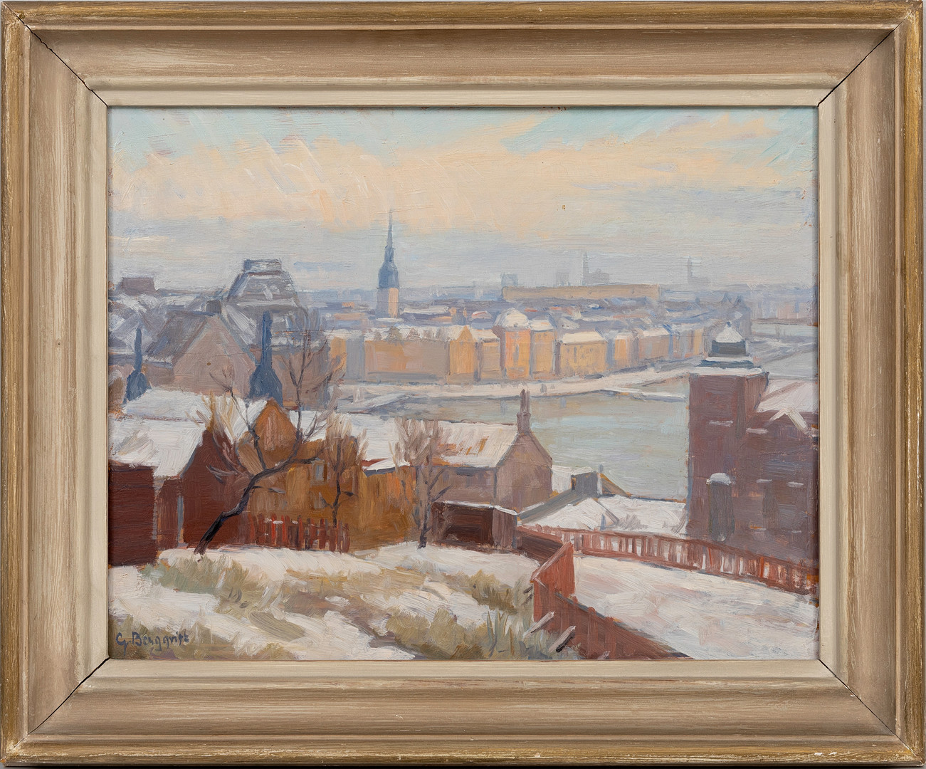 Vy mot Gamla Stan från Södermalm, olja på pannå, signerad.