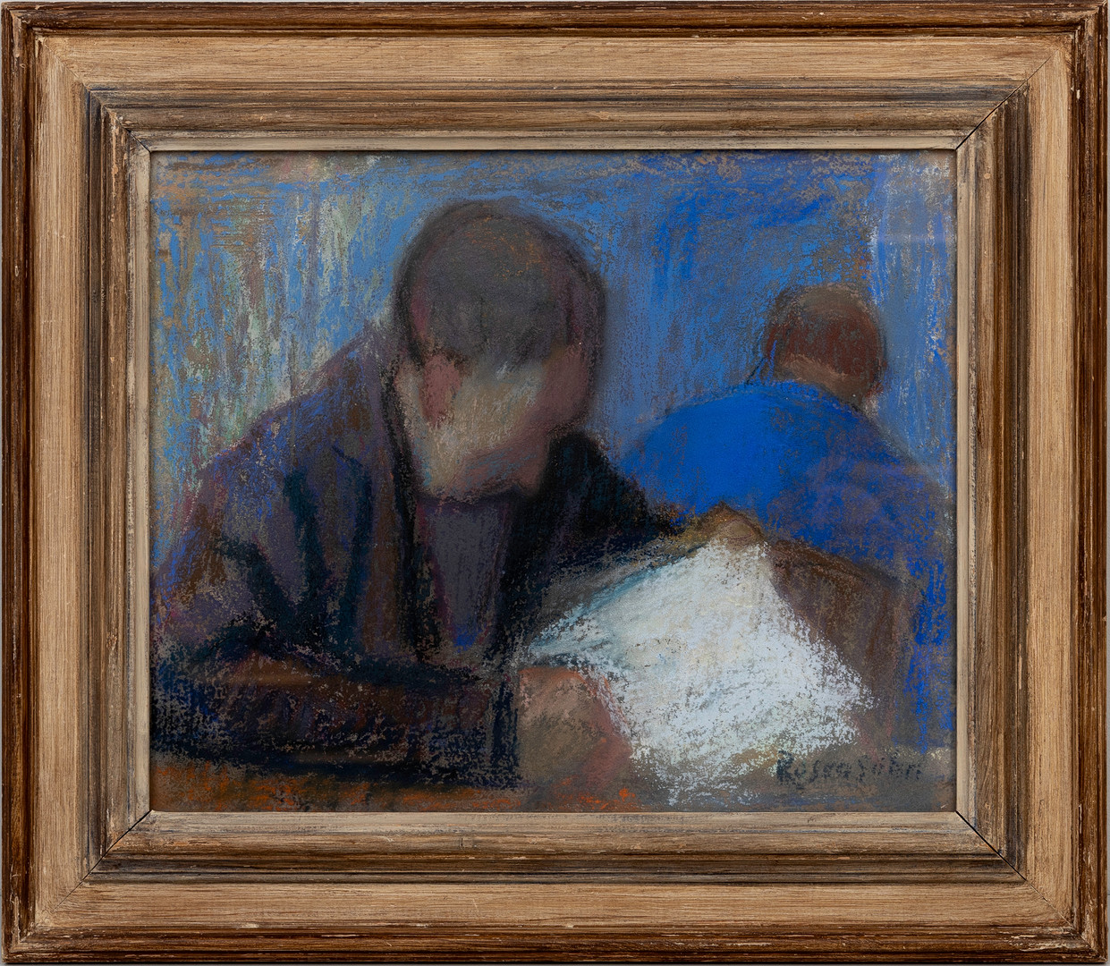 Komposition med figurer i blått, pastell, signerad.