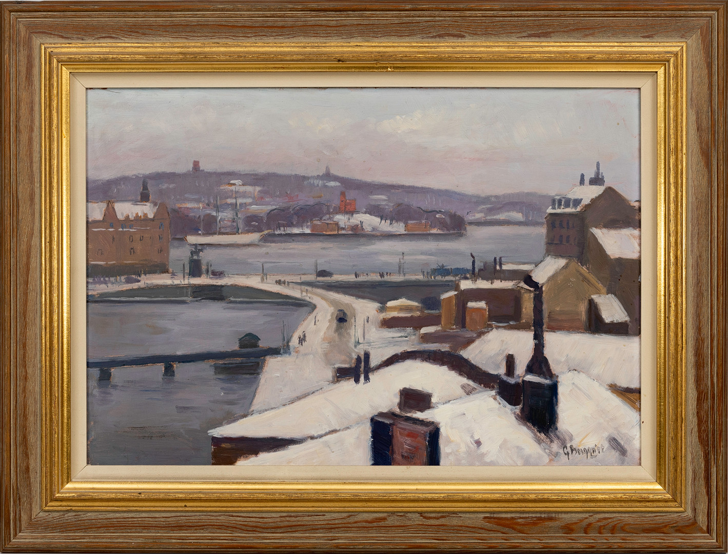 Vy över Slussen mot Kastellholmen, olja på pannå, signerad.