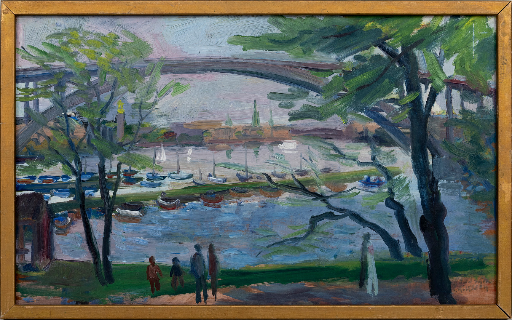 Stockholmsmotiv med Västerbron, olja på pannå, signerad.