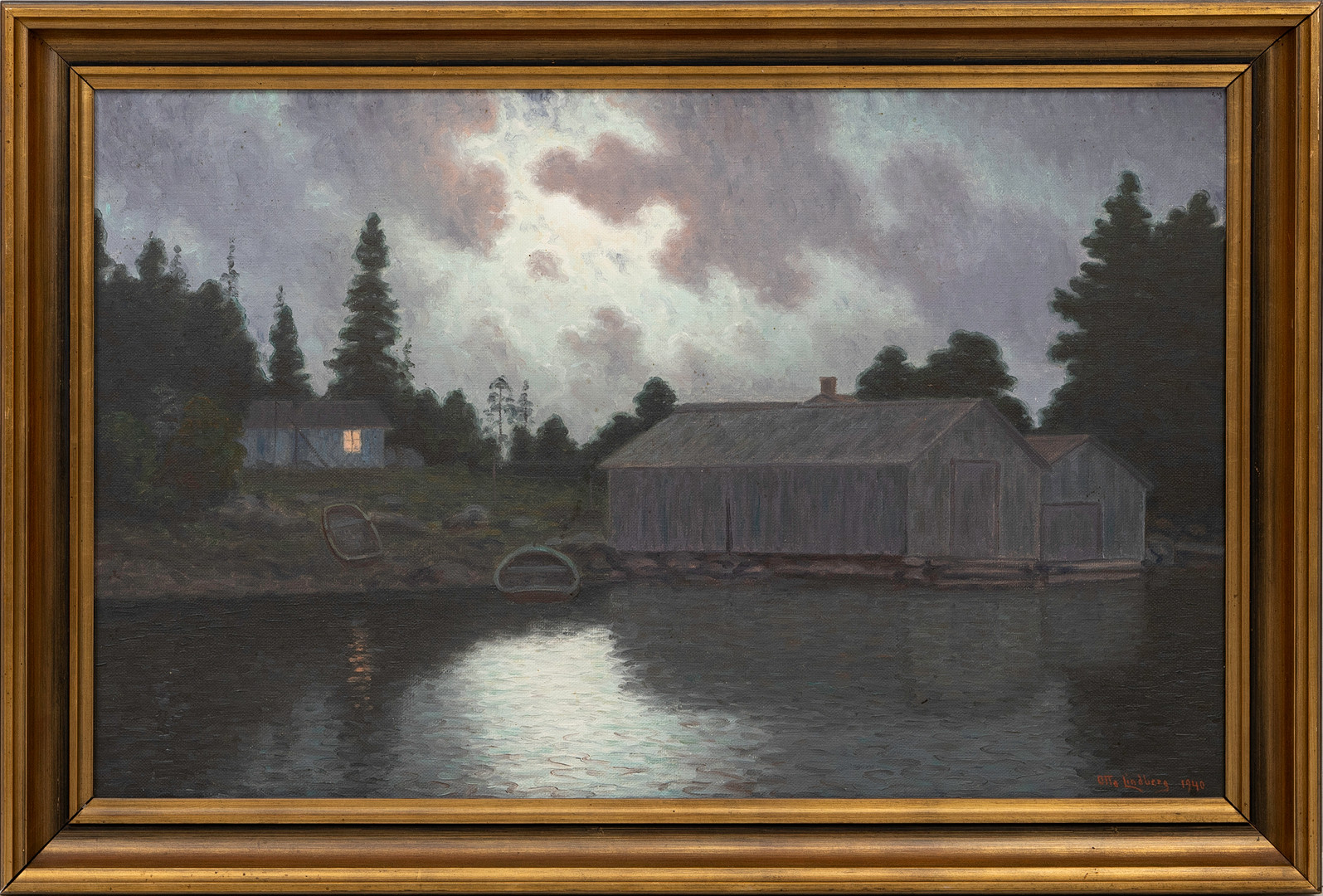 Båthus i månljus, olja på duk, signerad, daterad 1940.