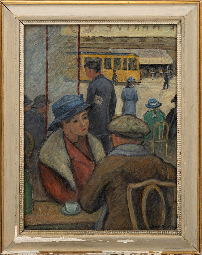 Tillskriven. "Café L'árriveé, Café Le Depart Montparnasse", olja på pannå, signerad.