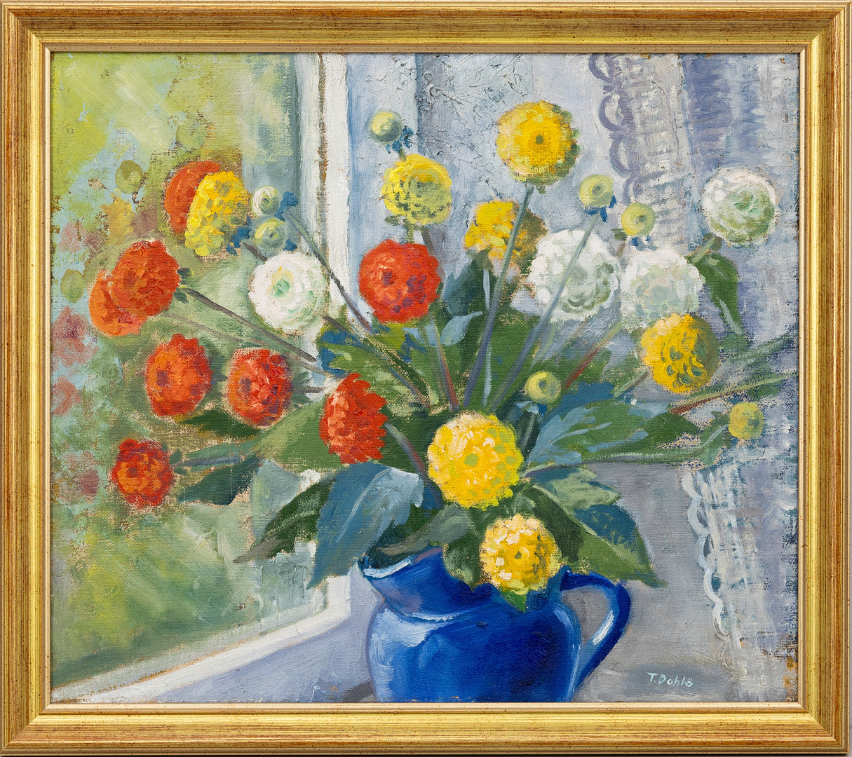 "Bukett av Zinnia", olja på duk, signerad.