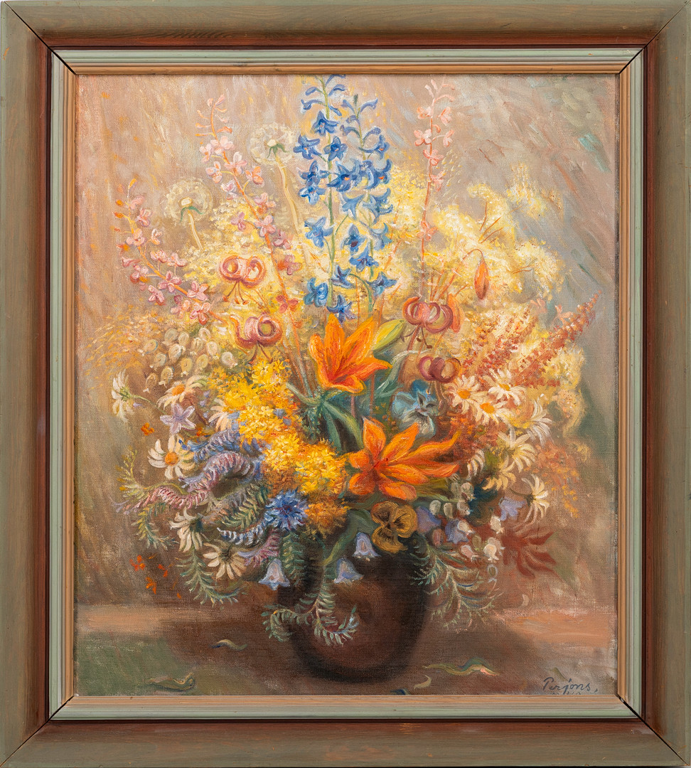 "Blomstertid", olja på duk, signerad Perjons, daterad 1949.