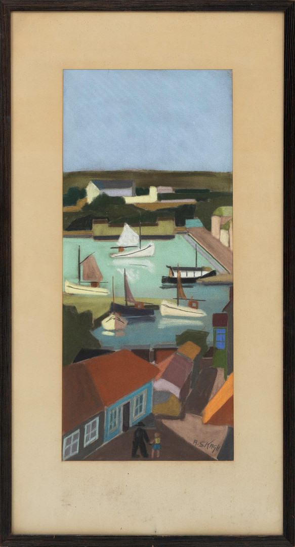 Kuststad med båthamn, pastell på papper, signerad.