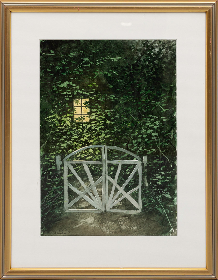 Grind i grönska, akvarell, signerad, 1997.