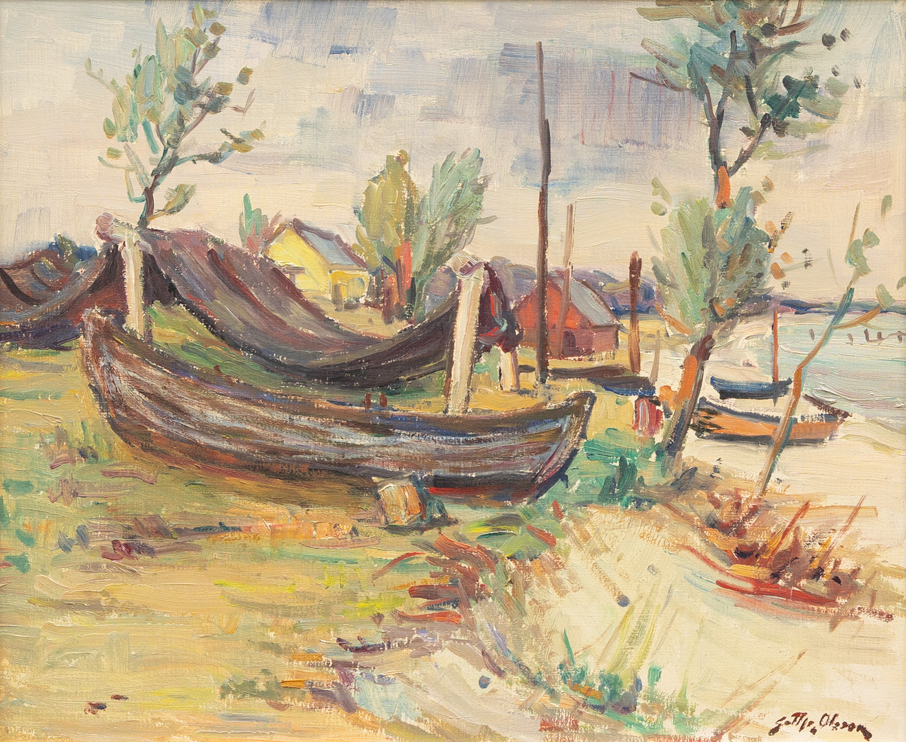 Sillgarn på tork vid strand, olja på pannå, signerad.
