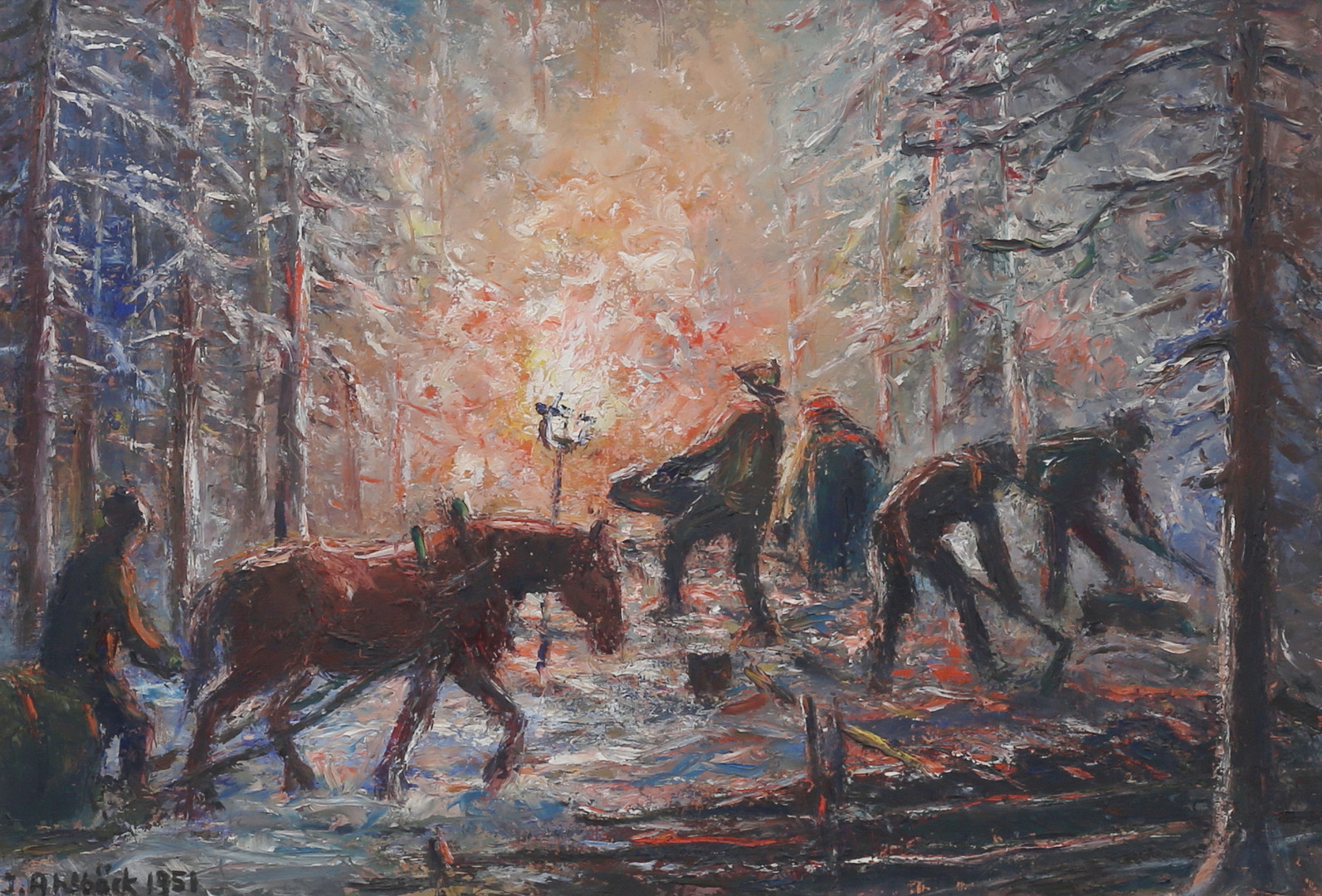 "Milrivning". Olja på pannå, signerad och daterad 1951.