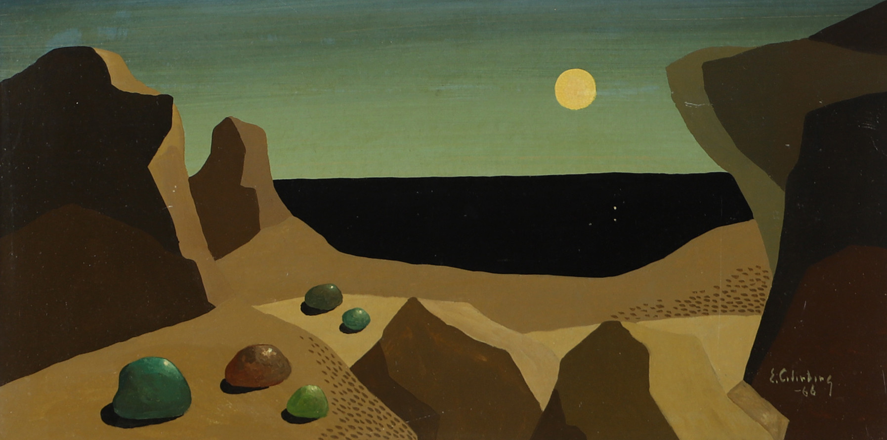 Strand med stenar, tempera, signerad E. Cederberg -66.