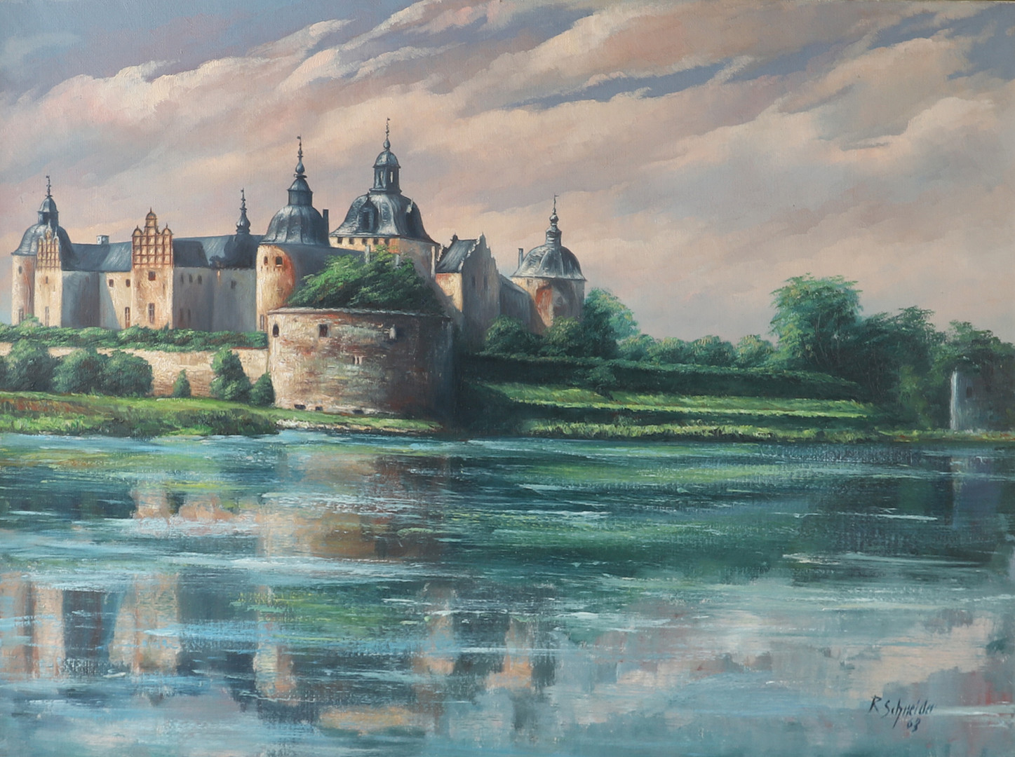 Kalmar slott, olja på duk, signerad R. Schneider.
