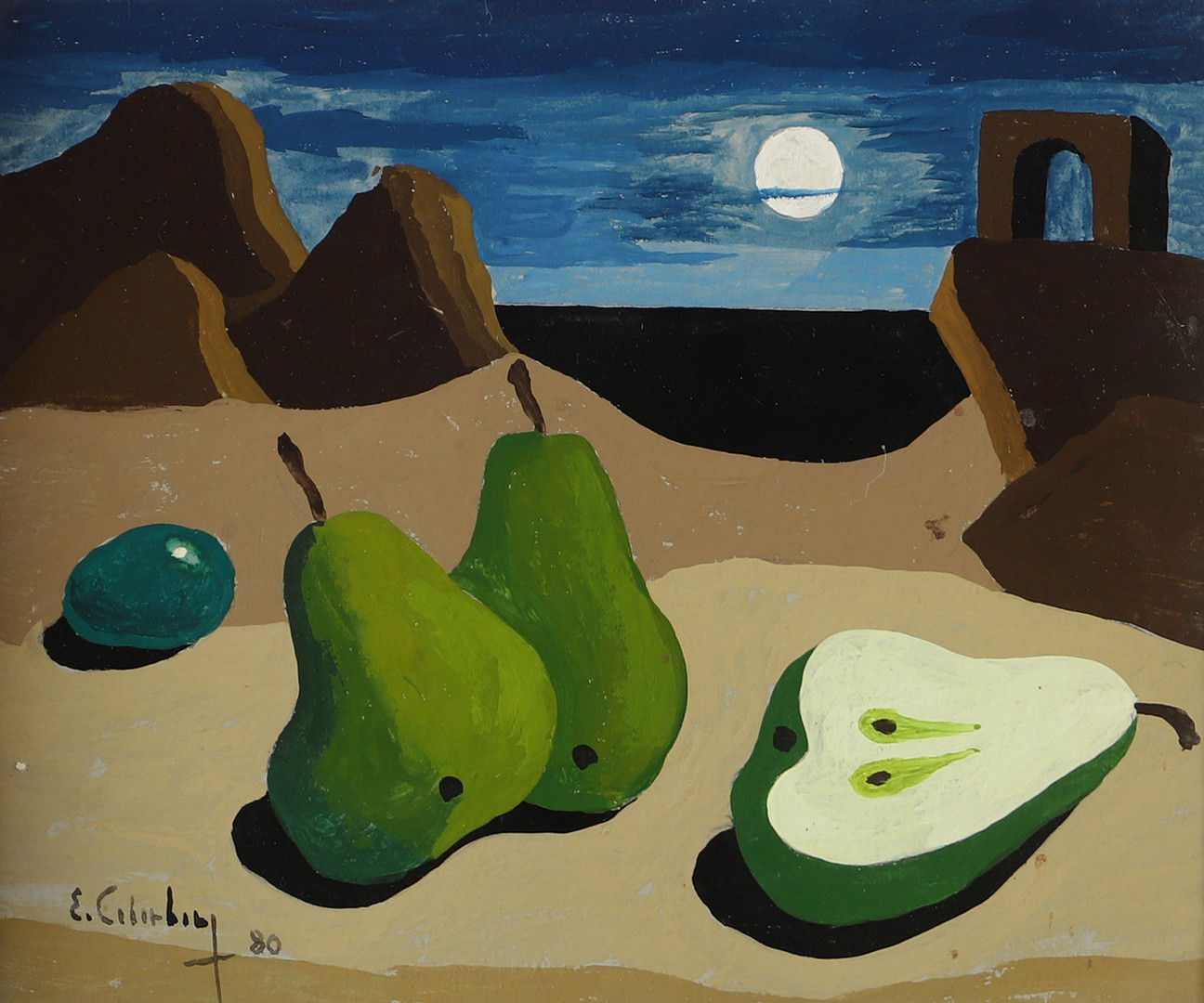 Päron på stranden, tempera, signerad E. Cederberg -80.