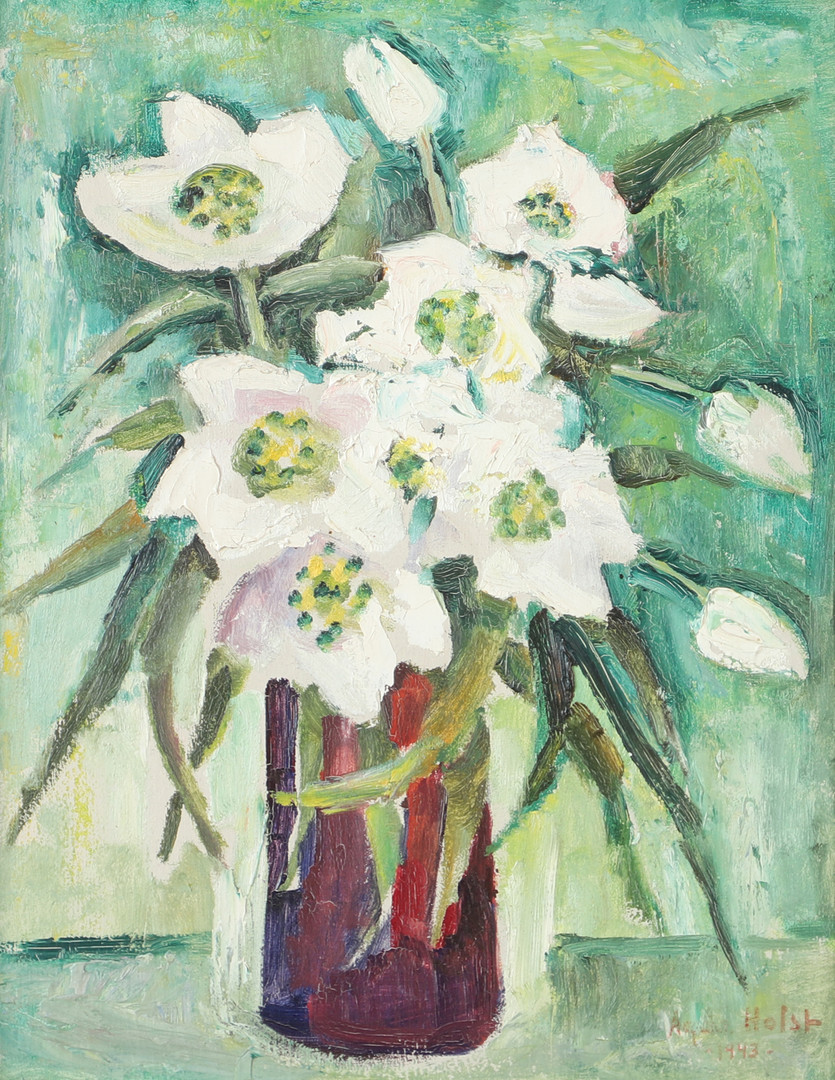 Blomsterstilleben, olja på pannå, signerad 1943.
