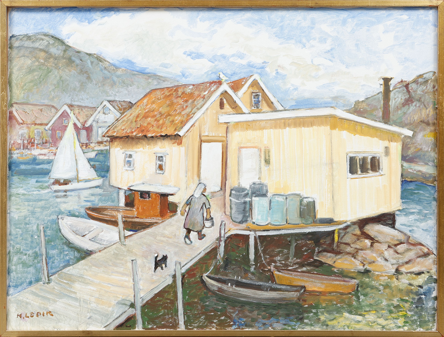 Sjöbodar och figurer, olja på duk, signerad.
