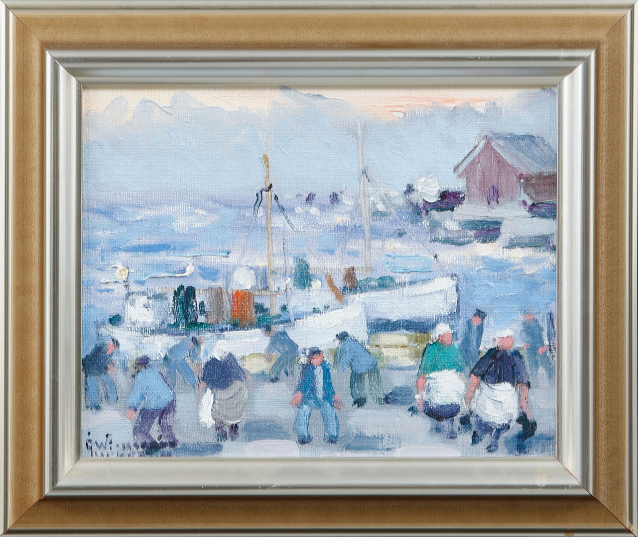 2 stycken, kustmotiv samt figurscen, oljor på duk, signerade.