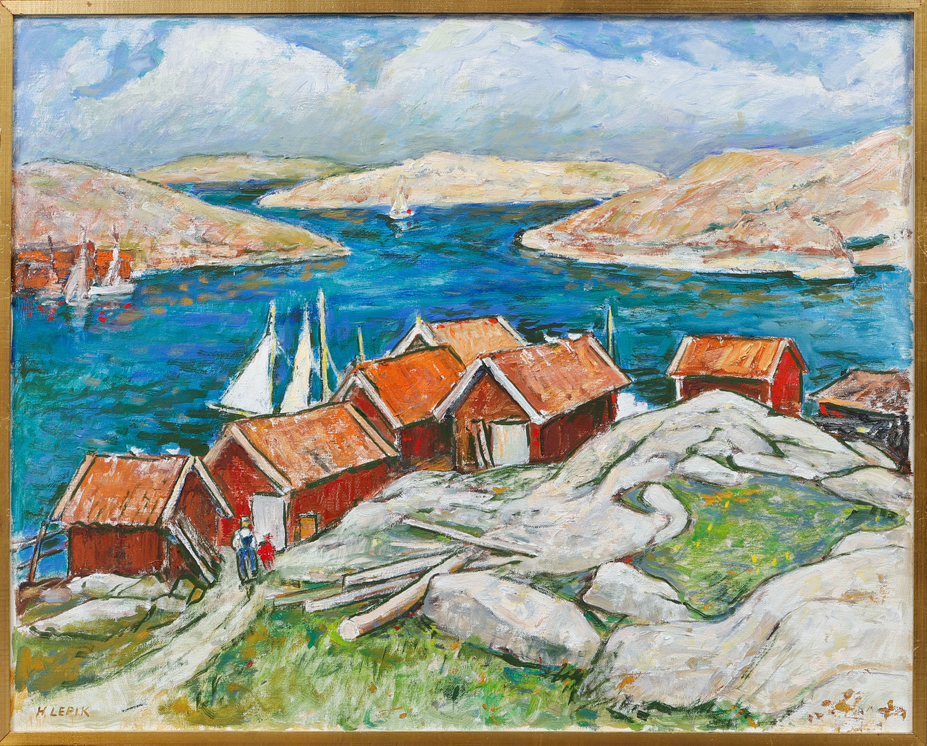 Sjöbodar och klippor, olja på duk, signerad.