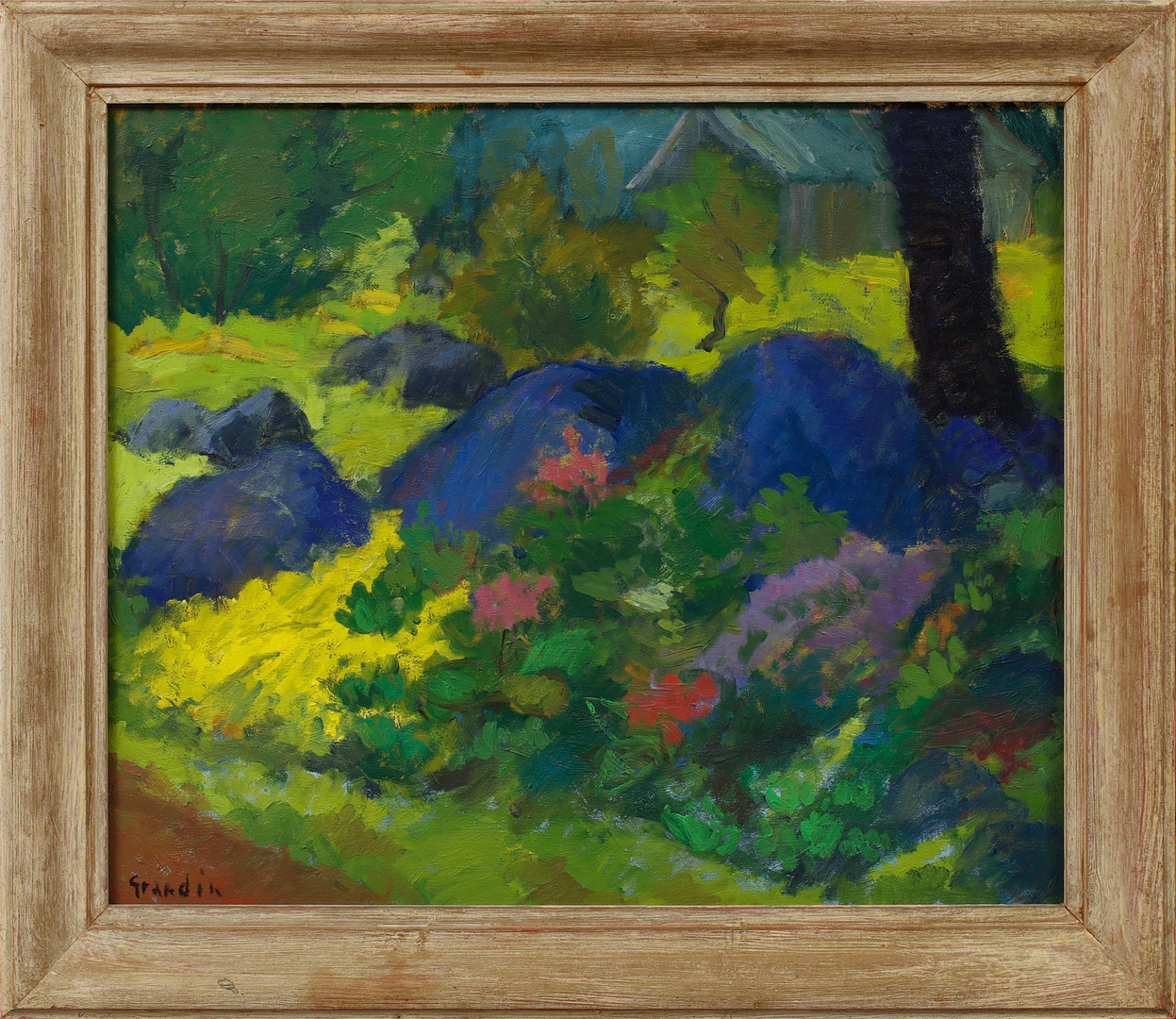 Skogsglänta med blommor och stenbumlingar, olja på pannå, signerad.