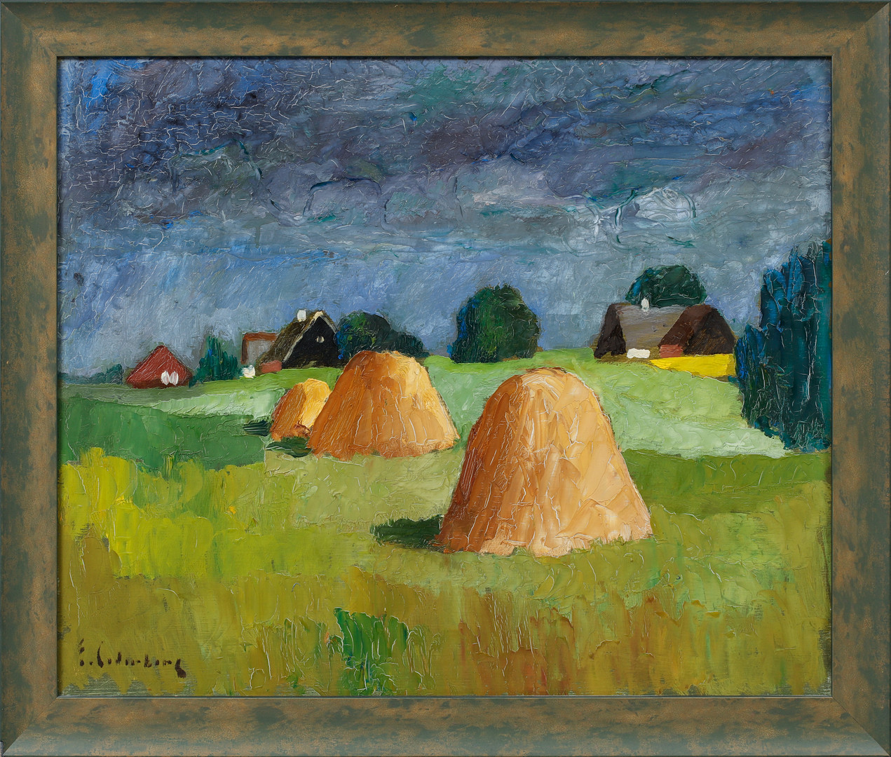 Vålmar i landskap, olja på pannå, signerad.