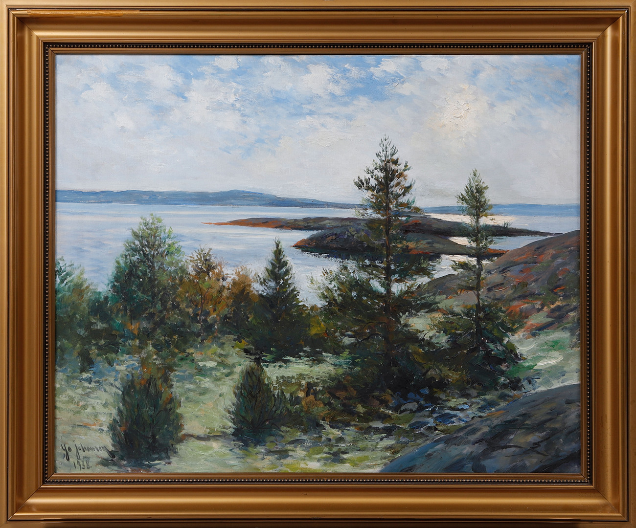 Kustmotiv med grönska, olja på duk, signerad och daterad 1938.