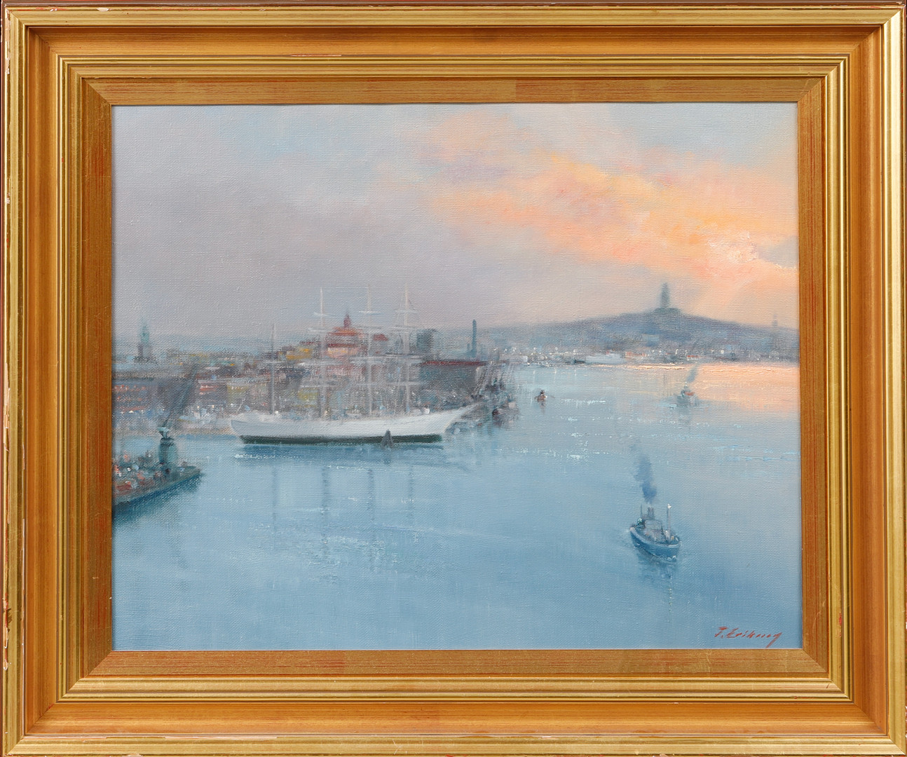 "Aftonstämning, Göteborgs hamn", olja på duk, signerad.