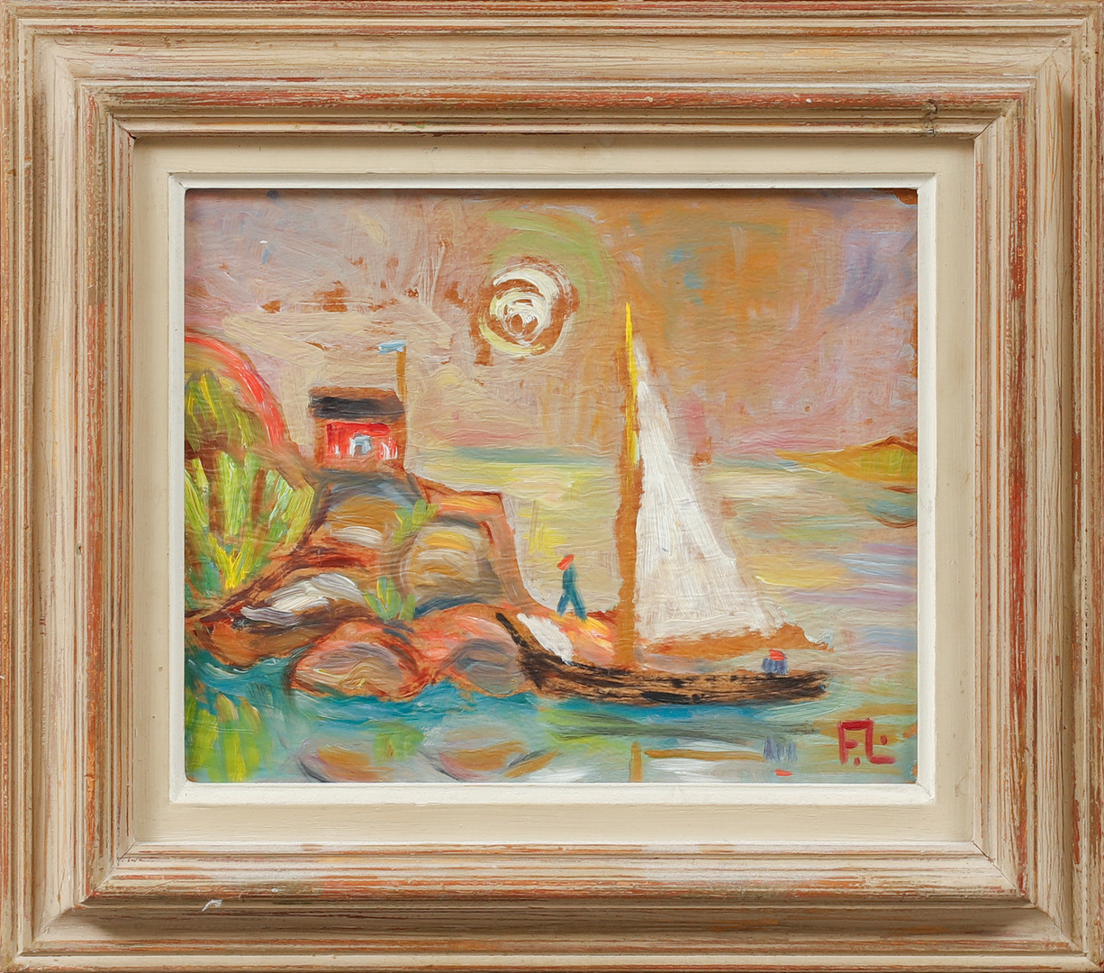 "Strandhugg", olja på pannå, signerad F.L.
