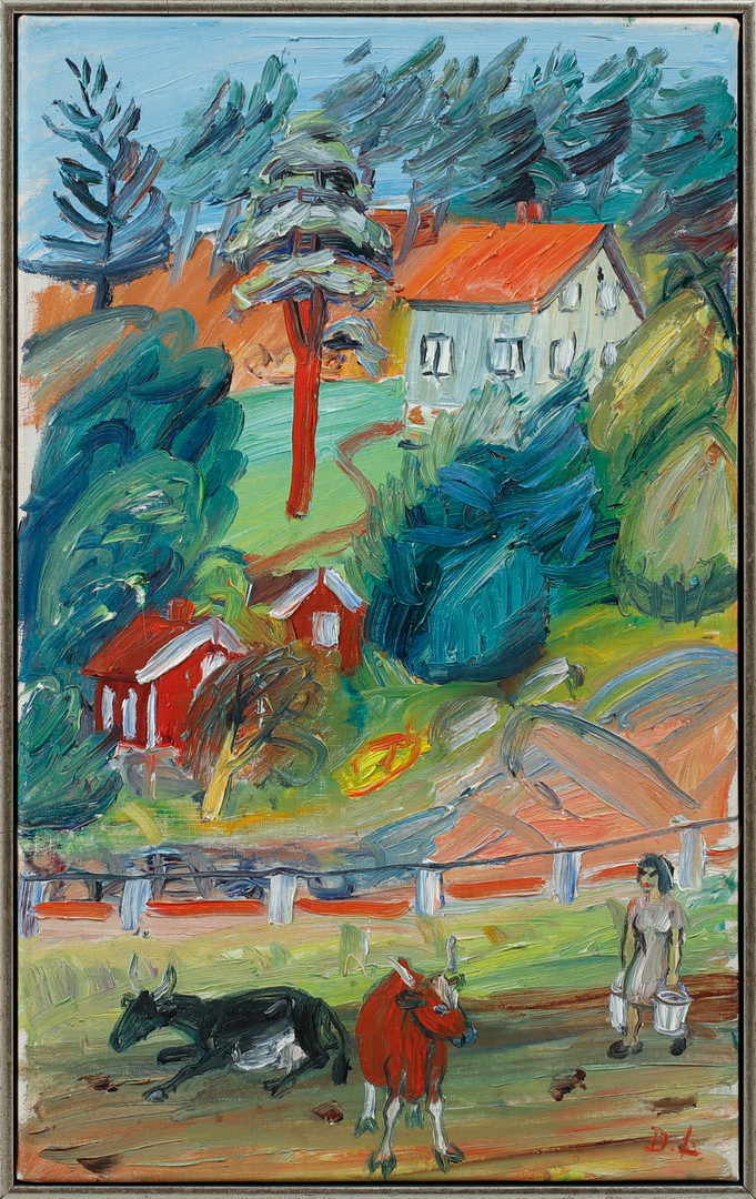 olja på duk, gårdsmotiv, signerad D.L.