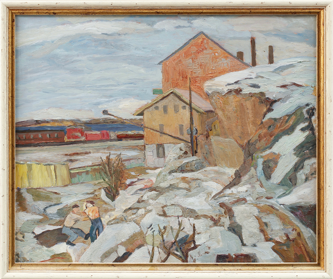 Figurer, hus och tåg, olja på pannå, signerad.