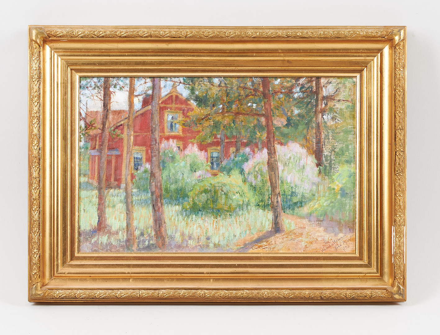 Rött hus (Helena Westermarcks hus), signerad med dedikation "till vännen Helena", samt daterad 1920, olja på duk, upplagd på pannå.