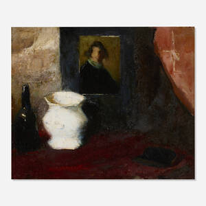 Still Life with Cavalier Portrait, White Pottery and Wine Bottle