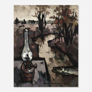 Oskar Rabine, Autumn Landscape with Lamp and Fish