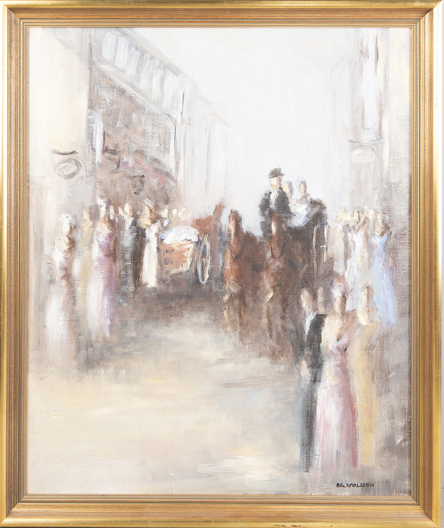 Figurer i landskap, olja på duk, signerad B.G. Karlsson.