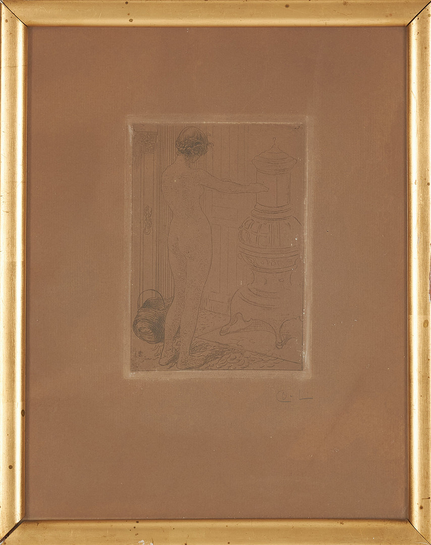 "Modellen vi kaminen", etsning, 1908, monogramsignerad i blyerts.