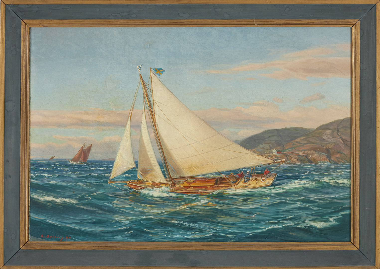 Motiv med segelbåtar, olja på duk, signerad a. ahlberg, 1911.