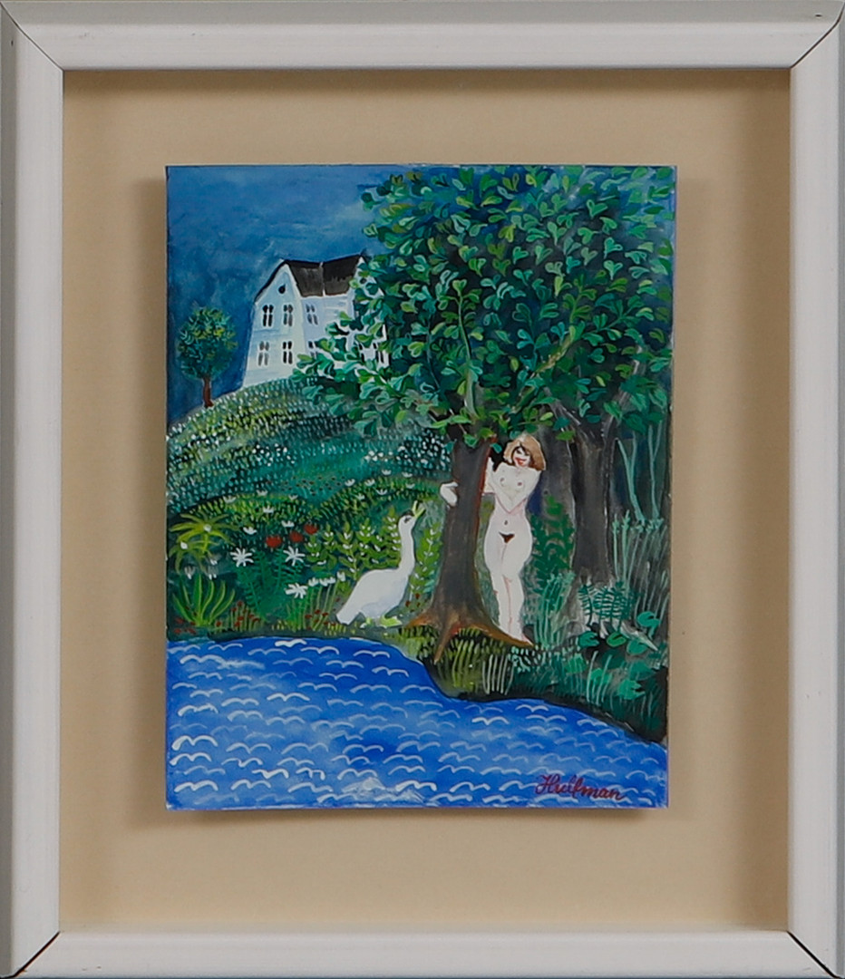 "Leda och en svan", blandteknik, signerad.