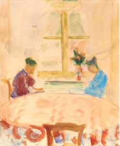 Figures reading at a table