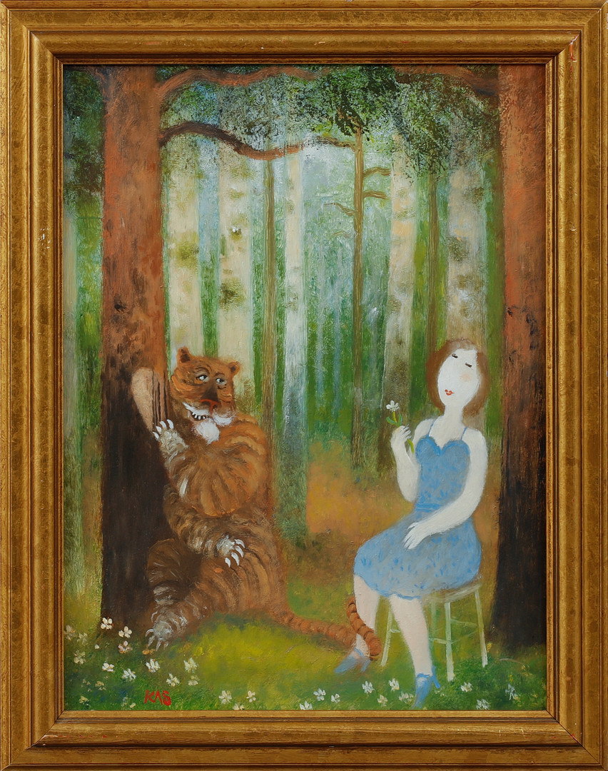 "Teach me tiger", olja på pannå, signerad.
