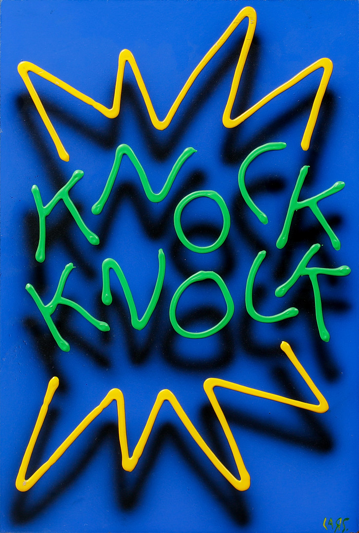 Triptyk, "Knock knock", blandteknik på pannå, signerade.